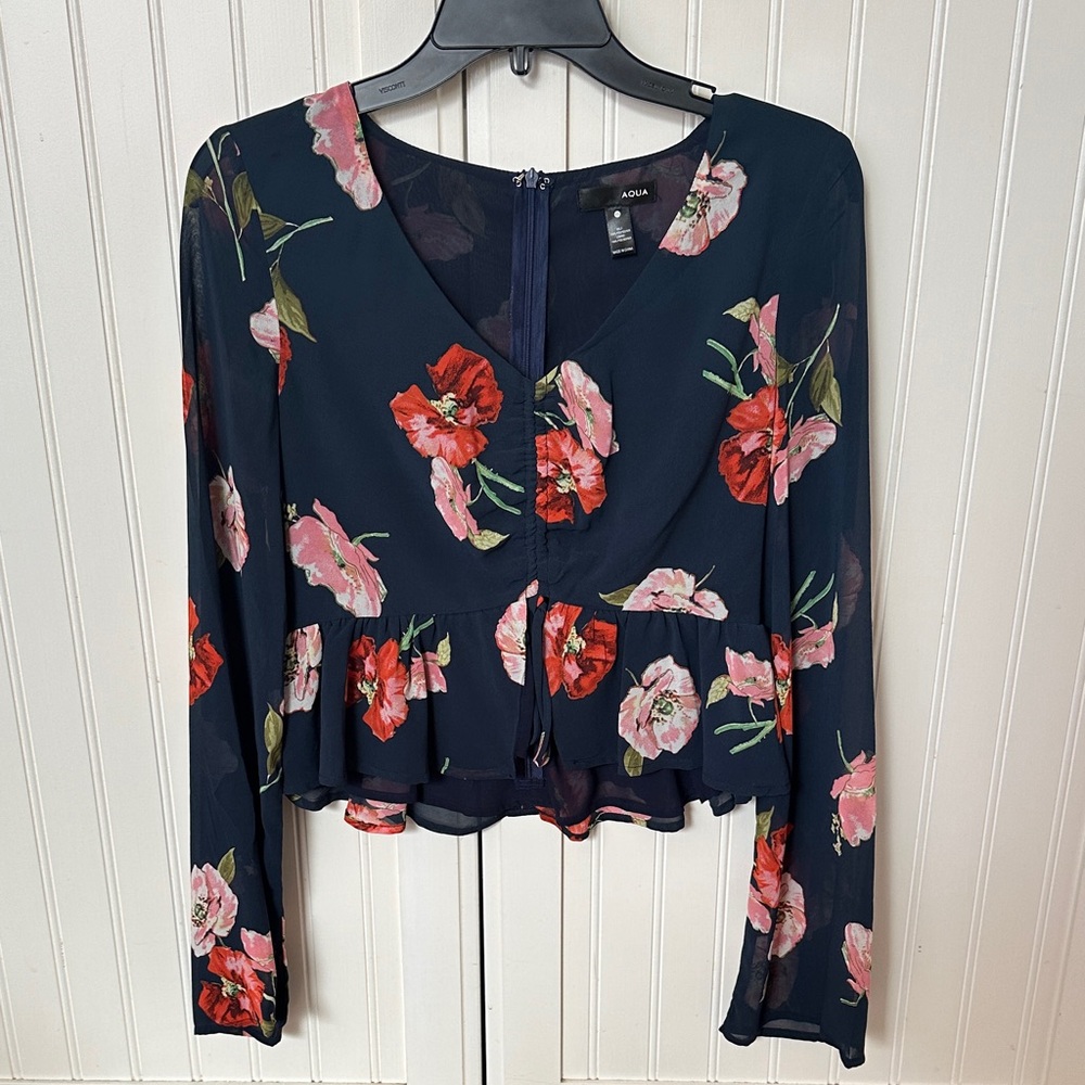 Aqua Navy Floral Blouse with Pink Accents